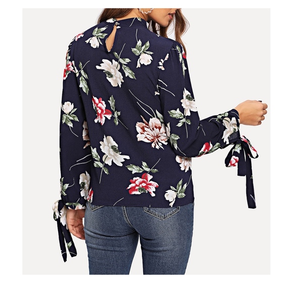 Blue Floral Long Sleeve Knot Detail Blouse - Picture 2 of 5